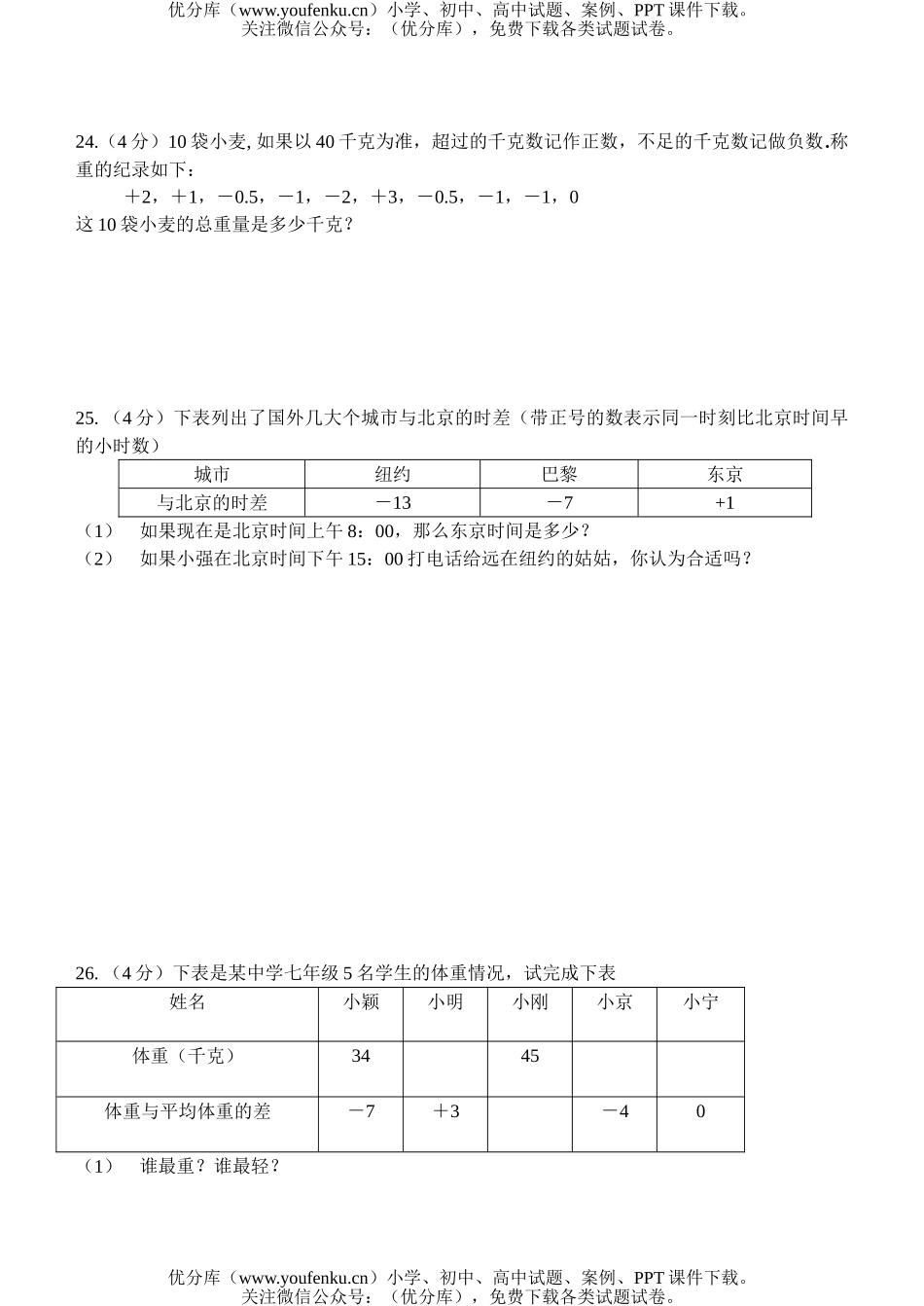 初中七年级数学有理数及其运算练习试卷_第3页
