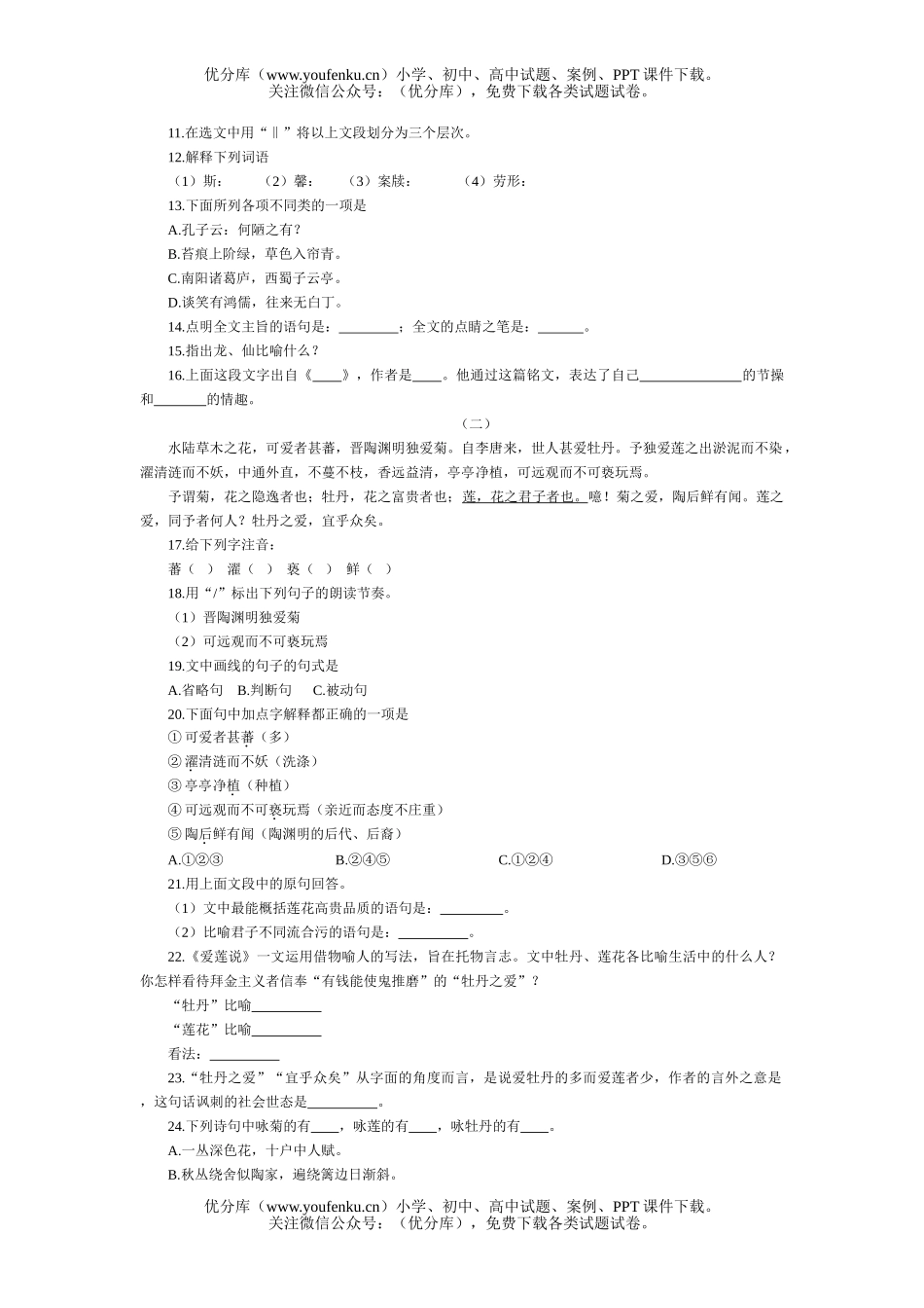 初中八年级语文桃花源记测试卷_第3页