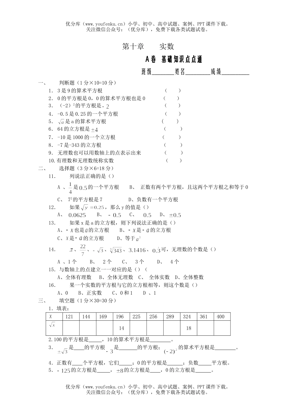 初中七年级数学实数练习1试卷_第1页