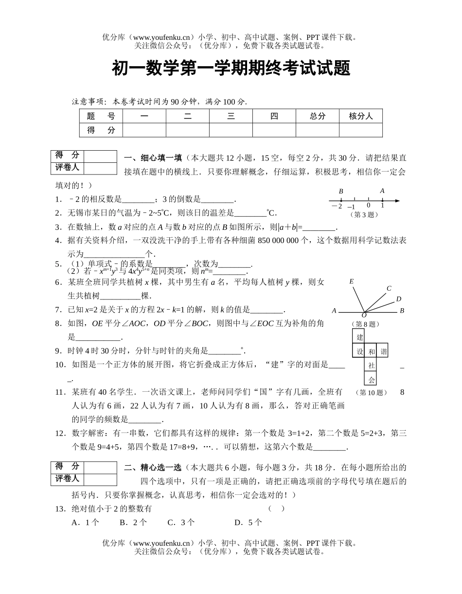 初中七年级数学第一学期期终考试卷_第1页