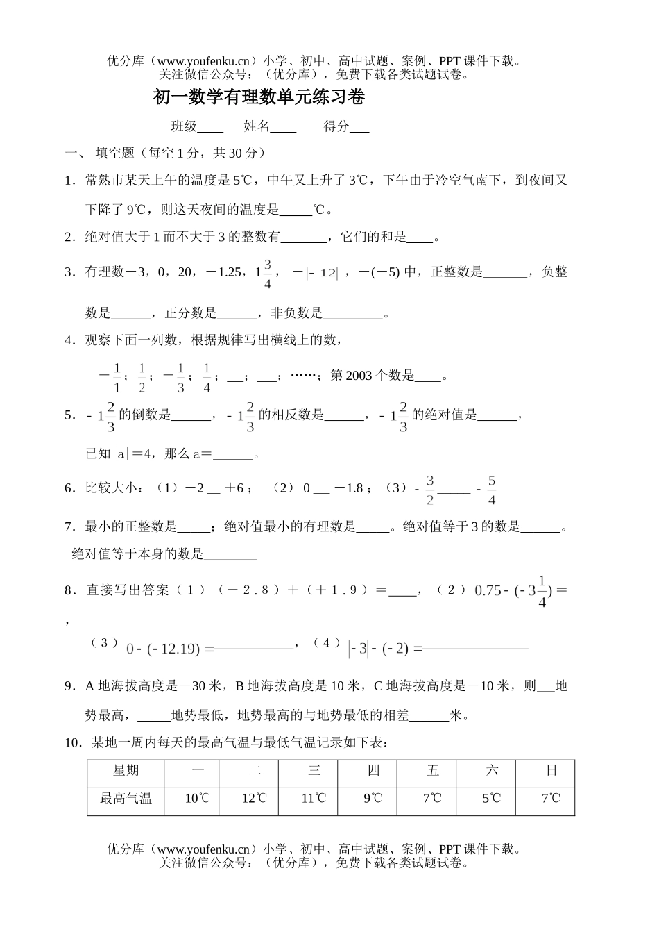 初中七年级数学有理数单元练习试卷_第1页