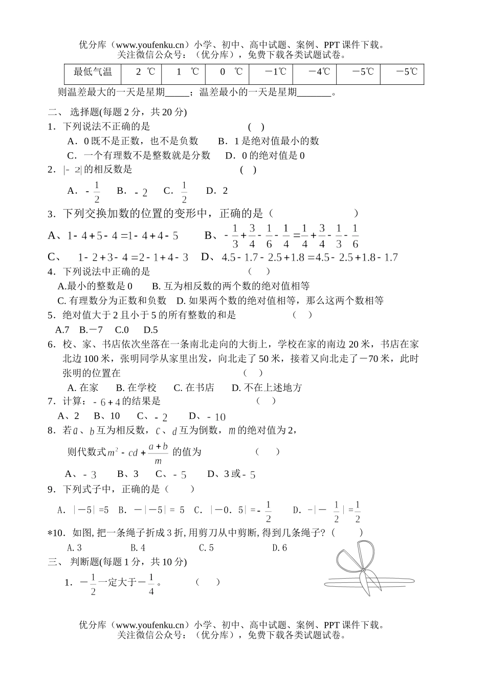 初中七年级数学有理数单元练习试卷_第2页