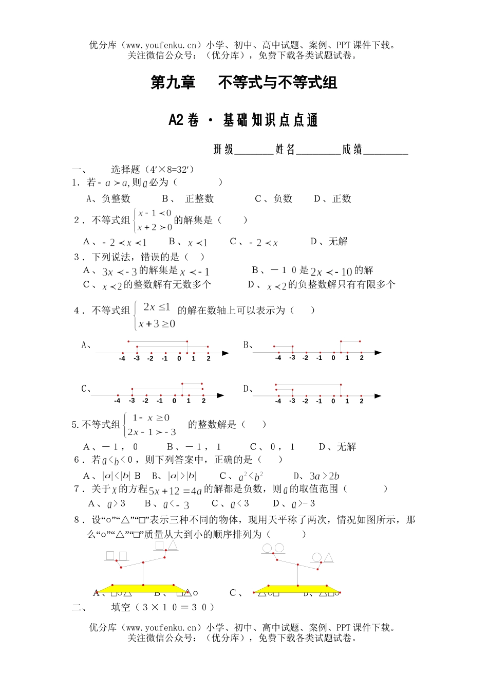 初中七年级数学不等式与不等式复习题2试卷_第1页