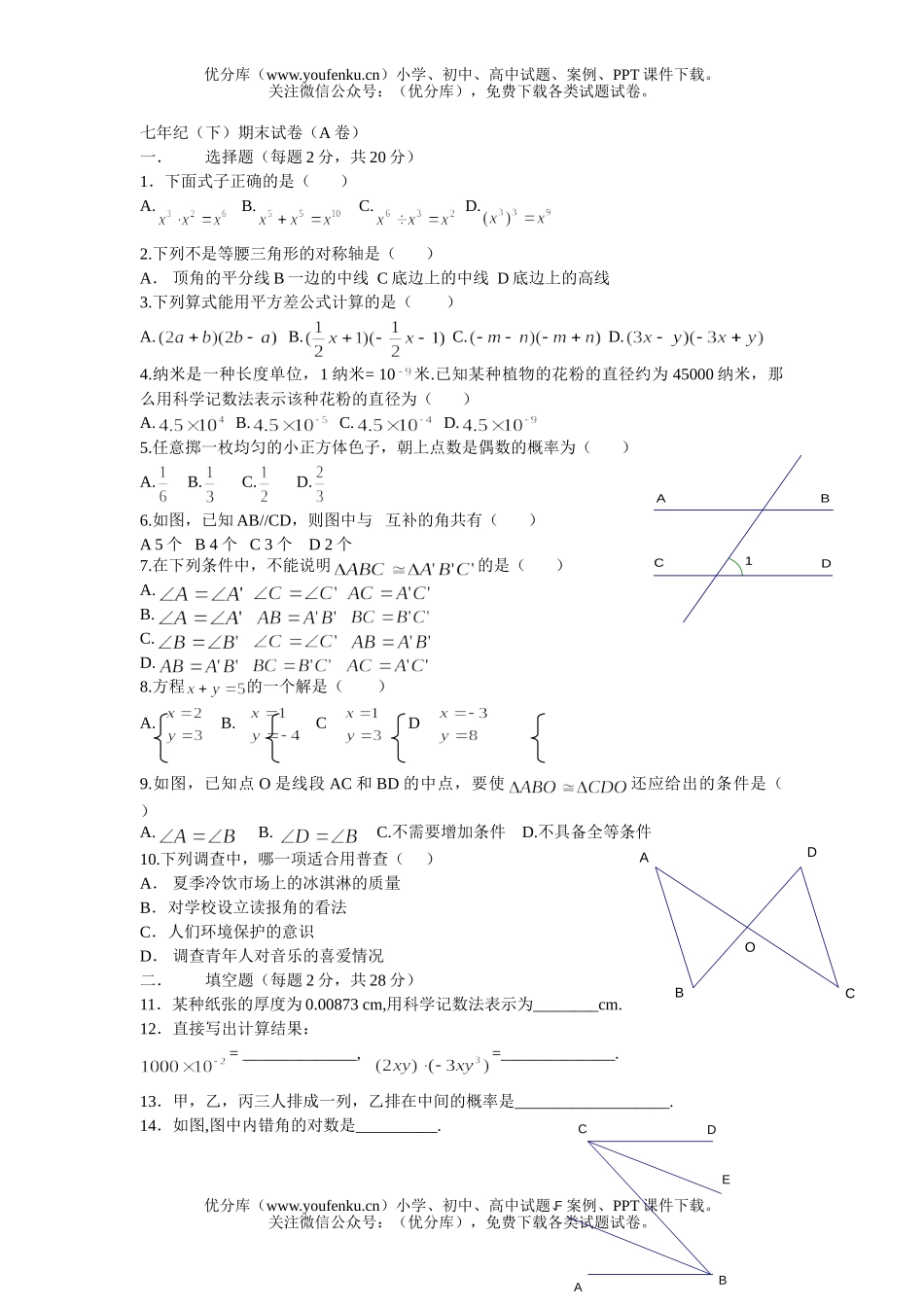 初中七年级数学下期末1试卷_第1页