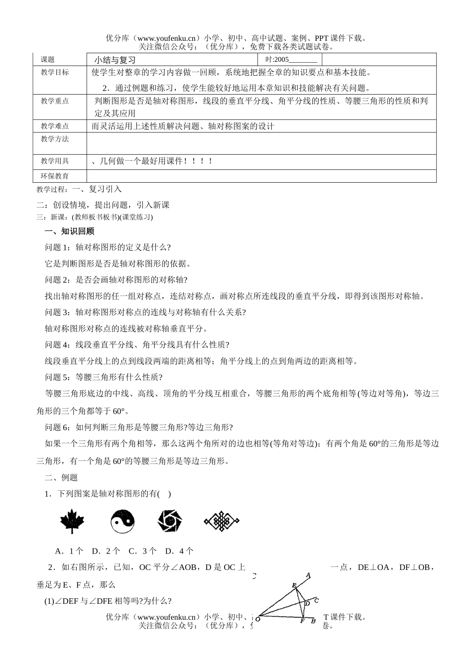 初中七年级数学轴对称复习试卷_第1页