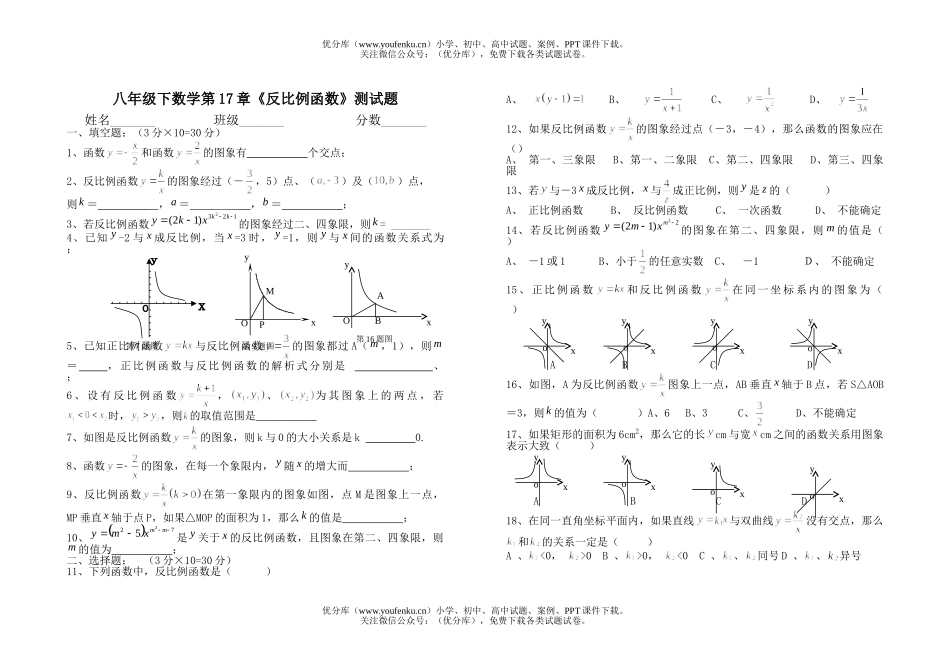 初中八年级数学反比例函数测试卷_第1页