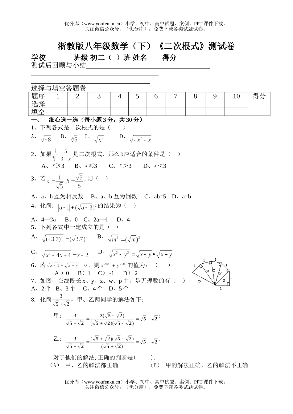 初中八年级数学二次根式全章测[下学期](无答案)试卷_第1页