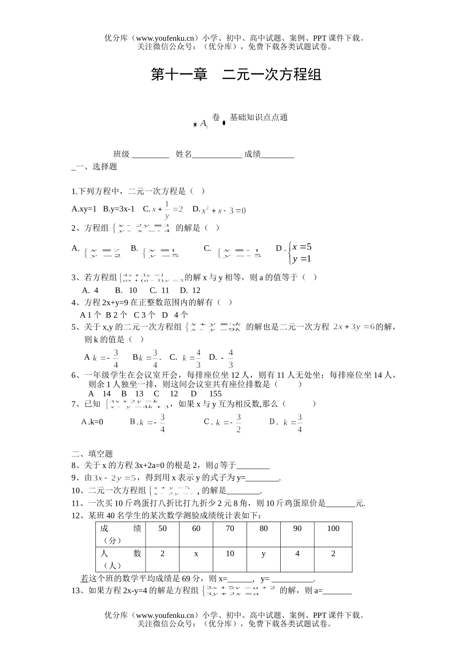 初中七年级数学二元一次方程组测1试卷_第1页
