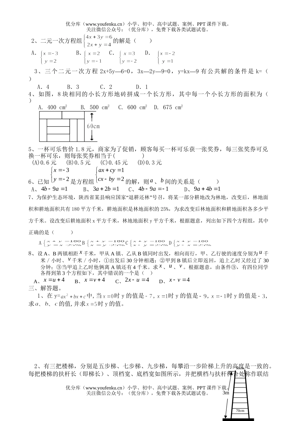初中七年级数学二元一次方程组复习练习题试卷_第2页