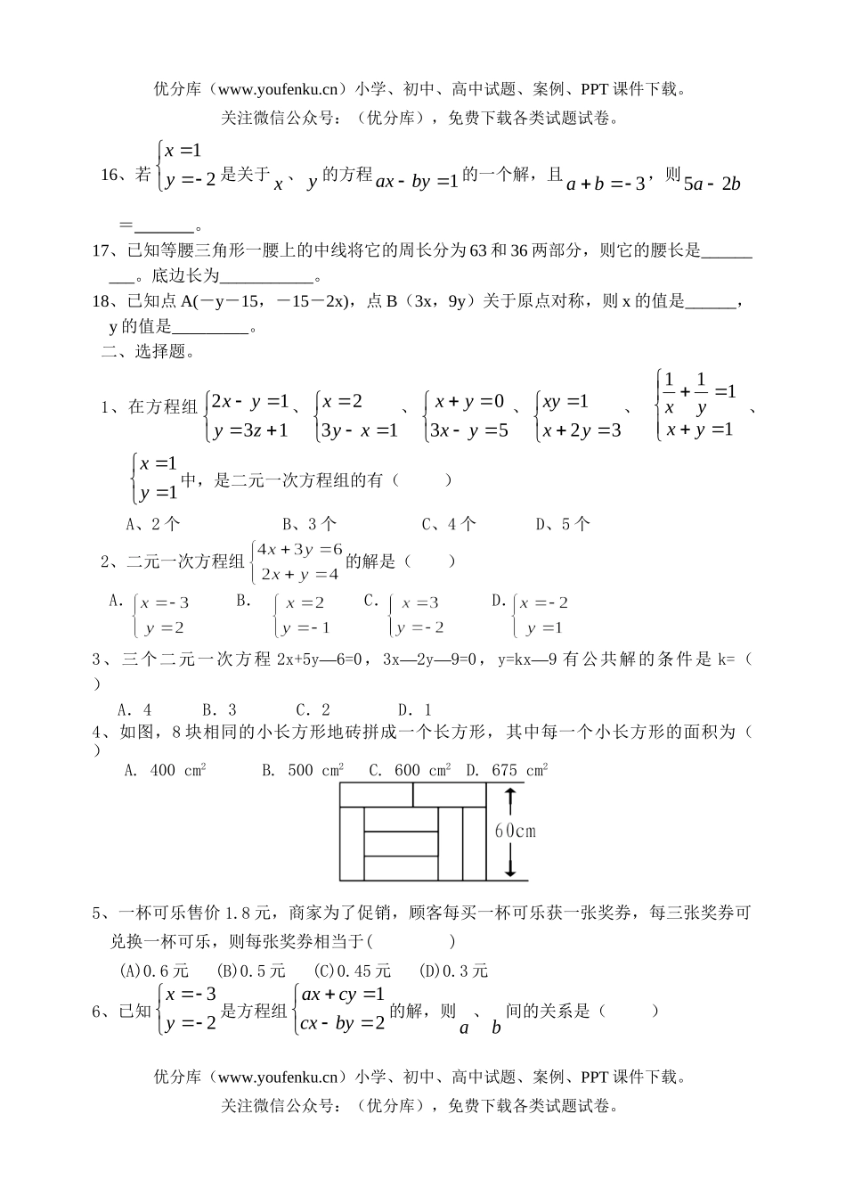初中七年级数学二元一次方程组复习题试卷_第2页