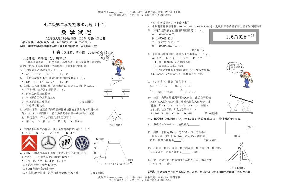 初中七年级数学第二学期期末练习题14试卷_第1页