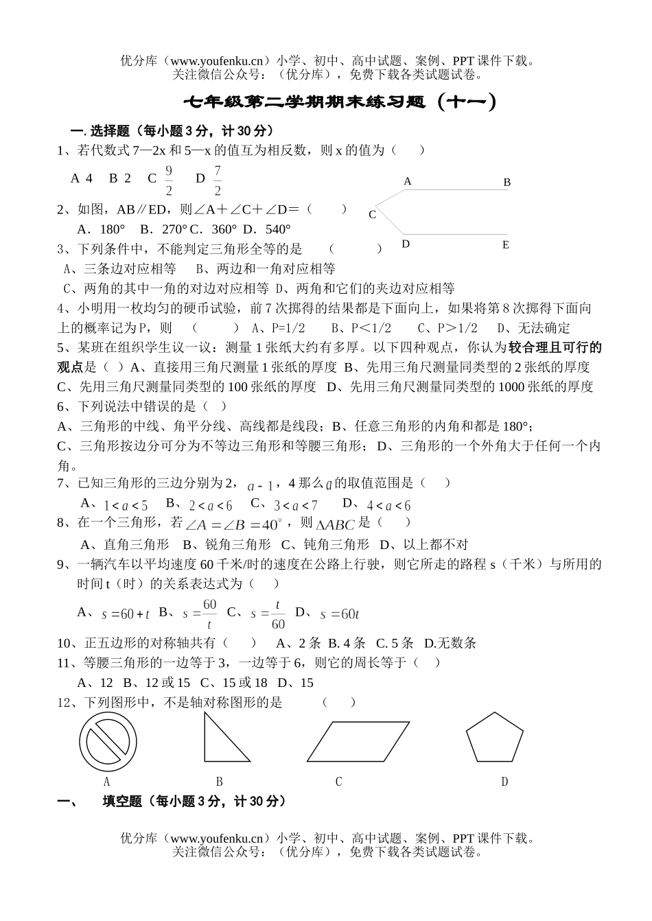 初中七年级数学第二学期期末练习题11试卷_第1页