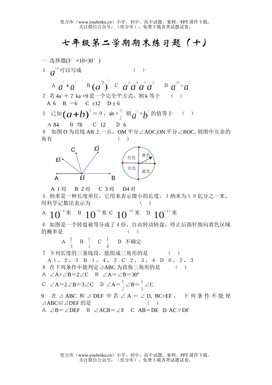 初中七年级数学第二学期期末练习题10试卷_第1页