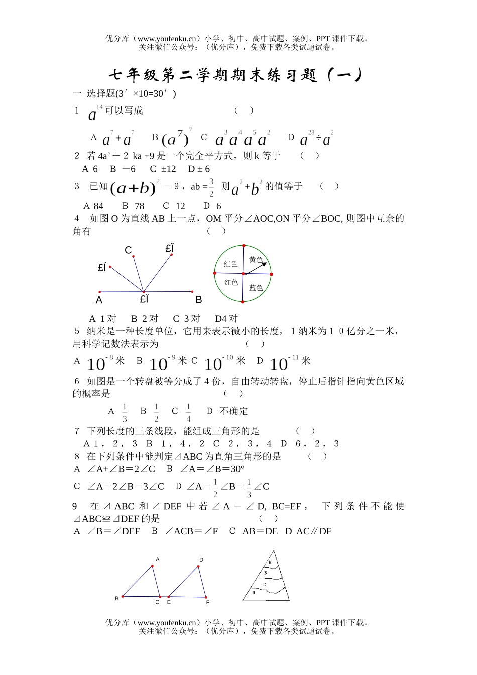 初中七年级数学第二学期期末练习题1试卷_第1页