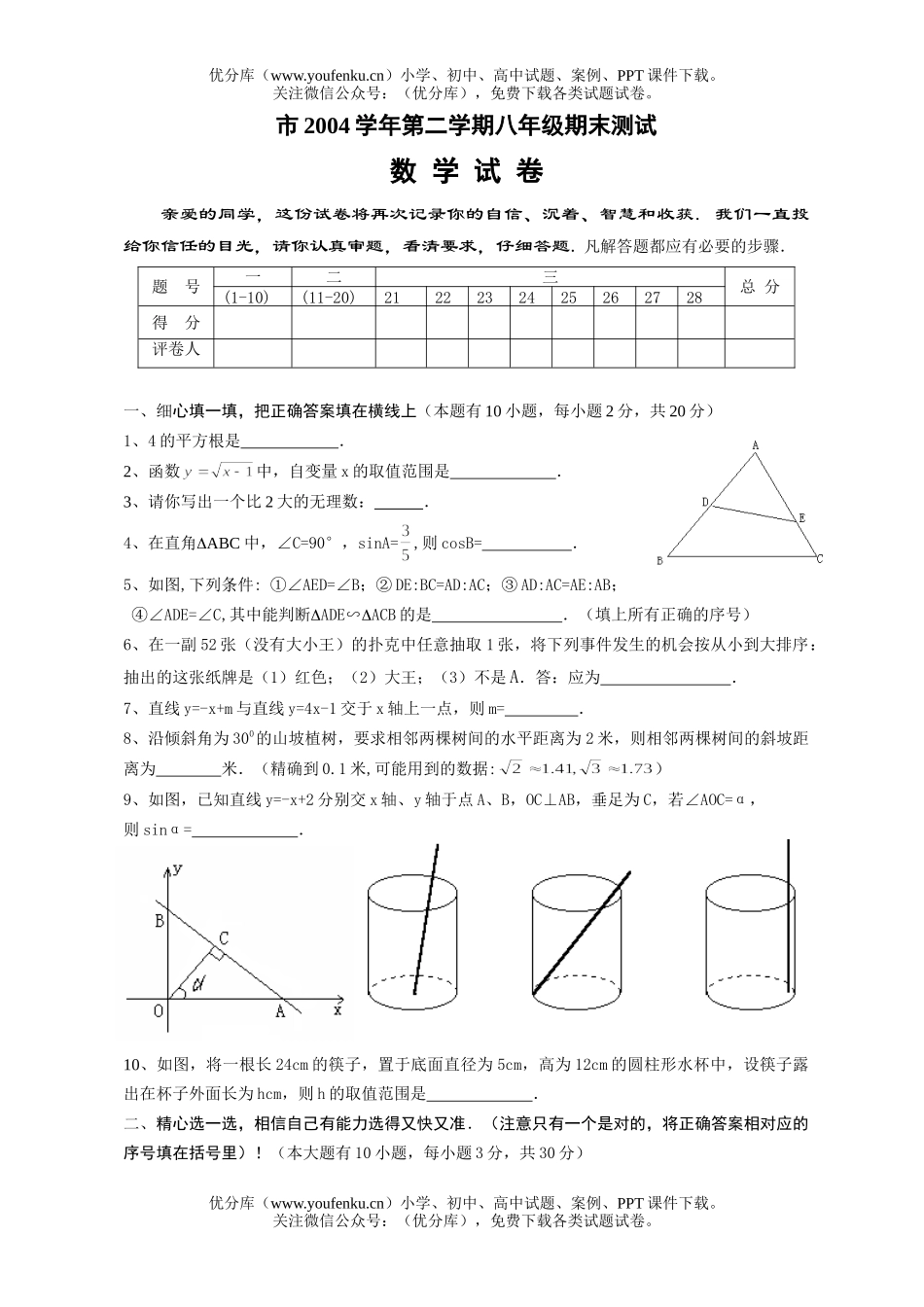 初中八年级数学第二学期期末测试卷_第1页
