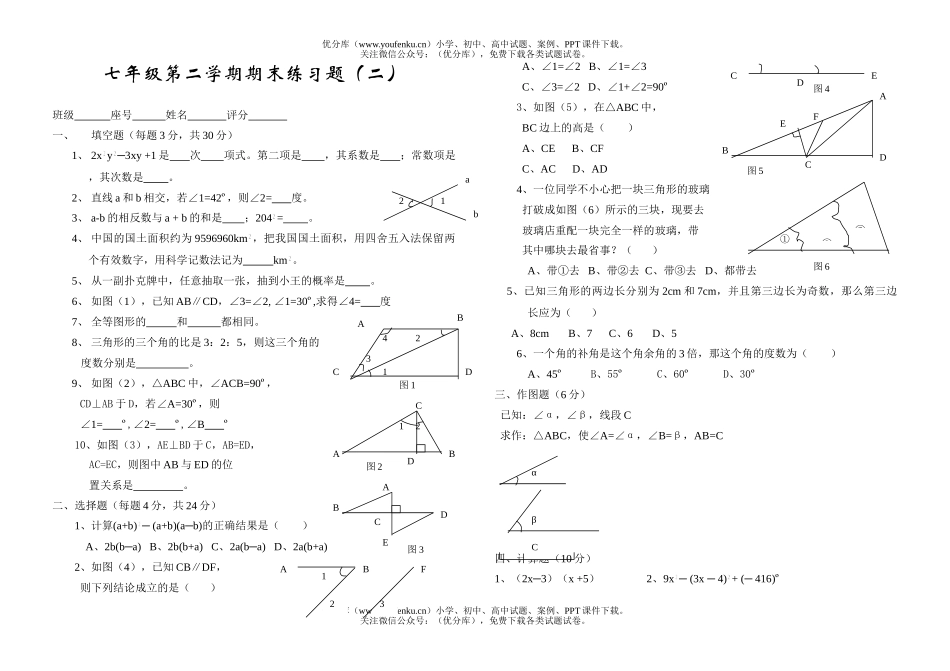 初中七年级数学第二学期期末练习题2试卷_第1页