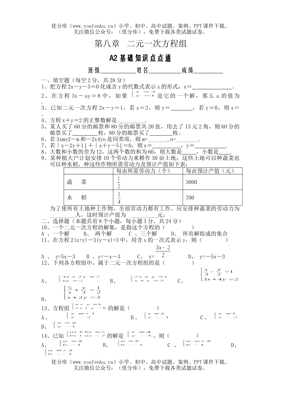 初中七年级数学二元一次方程组2试卷_第1页
