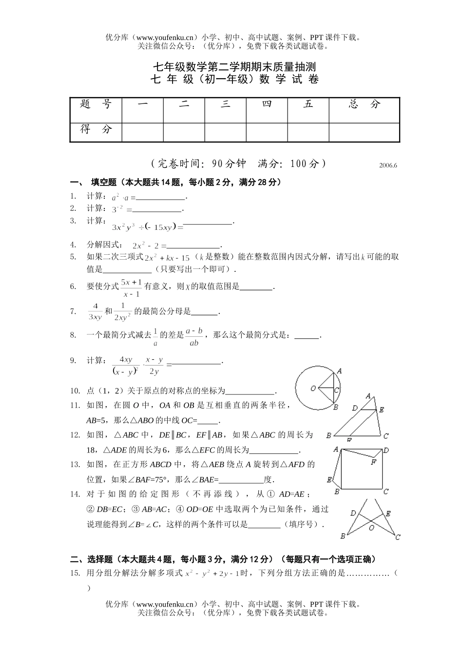 初中七年级数学第二学期期末质量抽测试卷_第1页