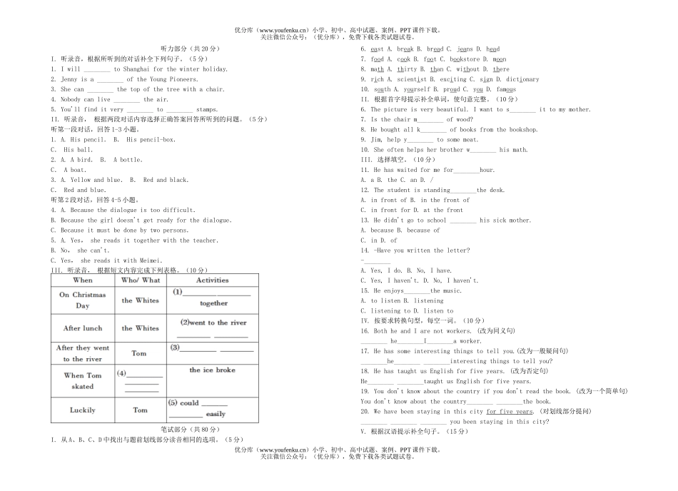 初中八年级英语河北教育版寒假作业４上学期期末试卷_第1页