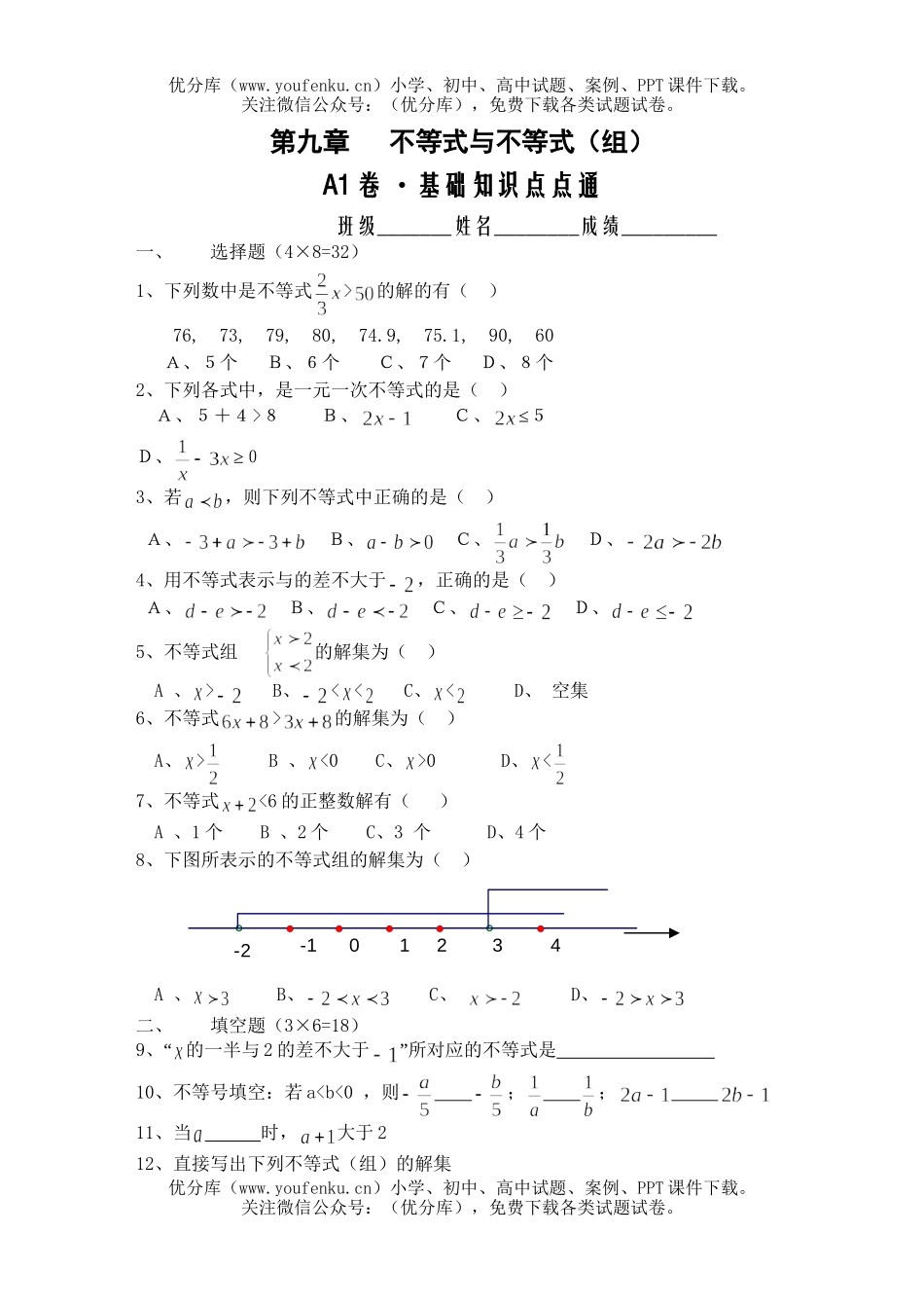 初中七年级数学不等式与不等式(组)A1试卷_第1页