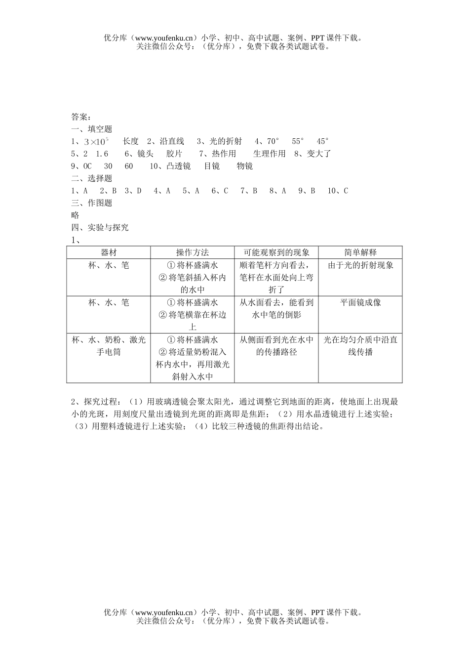 初中八年级物理《光现象 透镜及其应用》测试卷_第3页