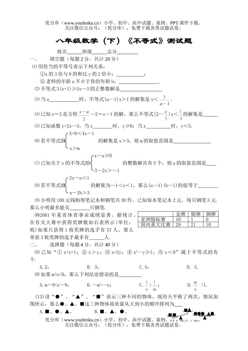 初中八年级数学(下)《不等式》测试卷_第1页