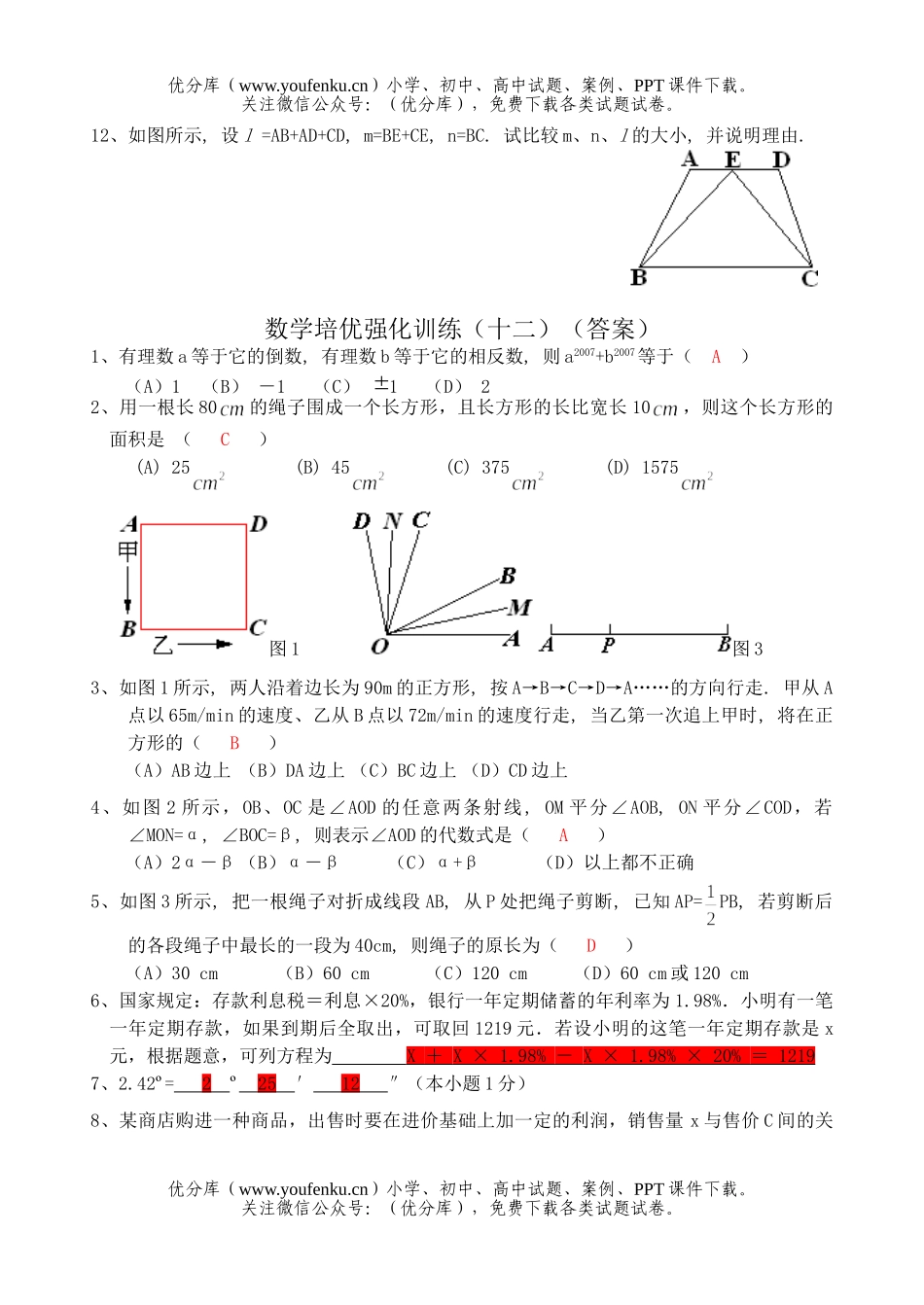 初中七年级数学下册培优强化训练12试卷_第3页