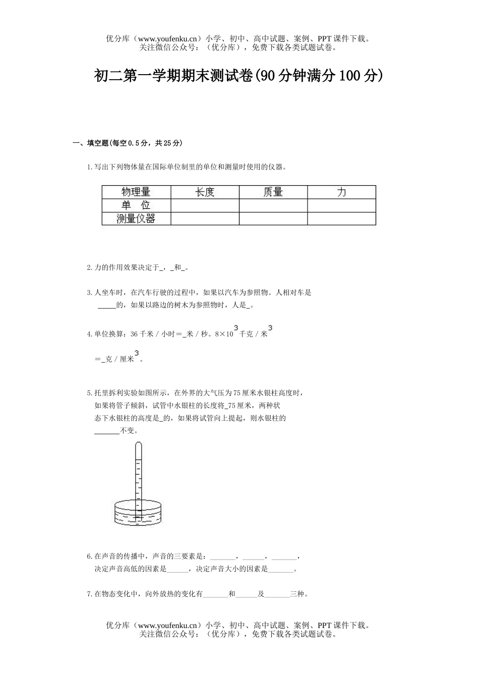初中八年级物理第一学期期末测(90分钟满分100分)试卷_第1页