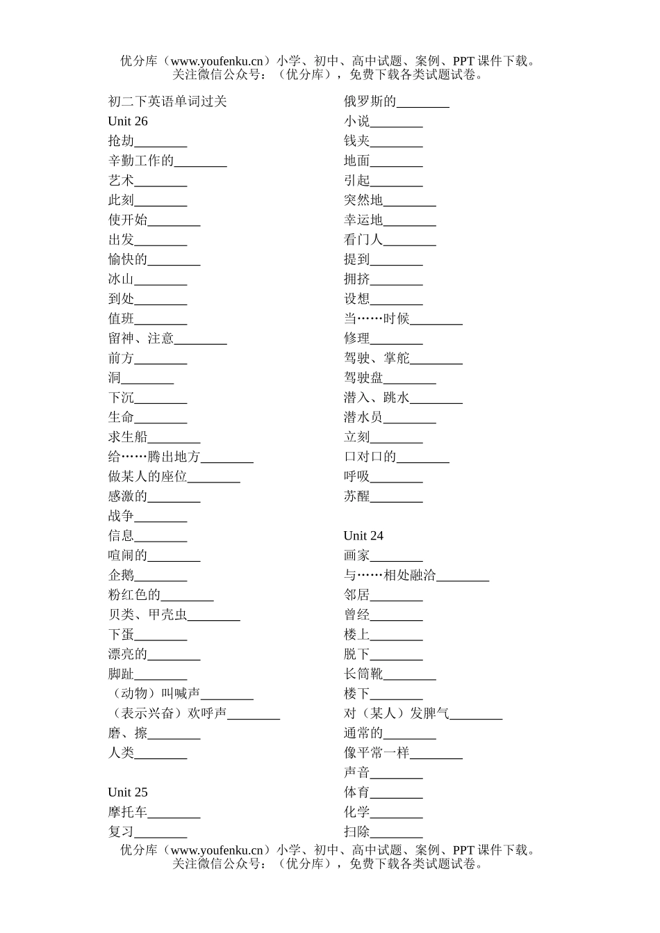 初中八年级英语下学期单词过关试卷_第1页