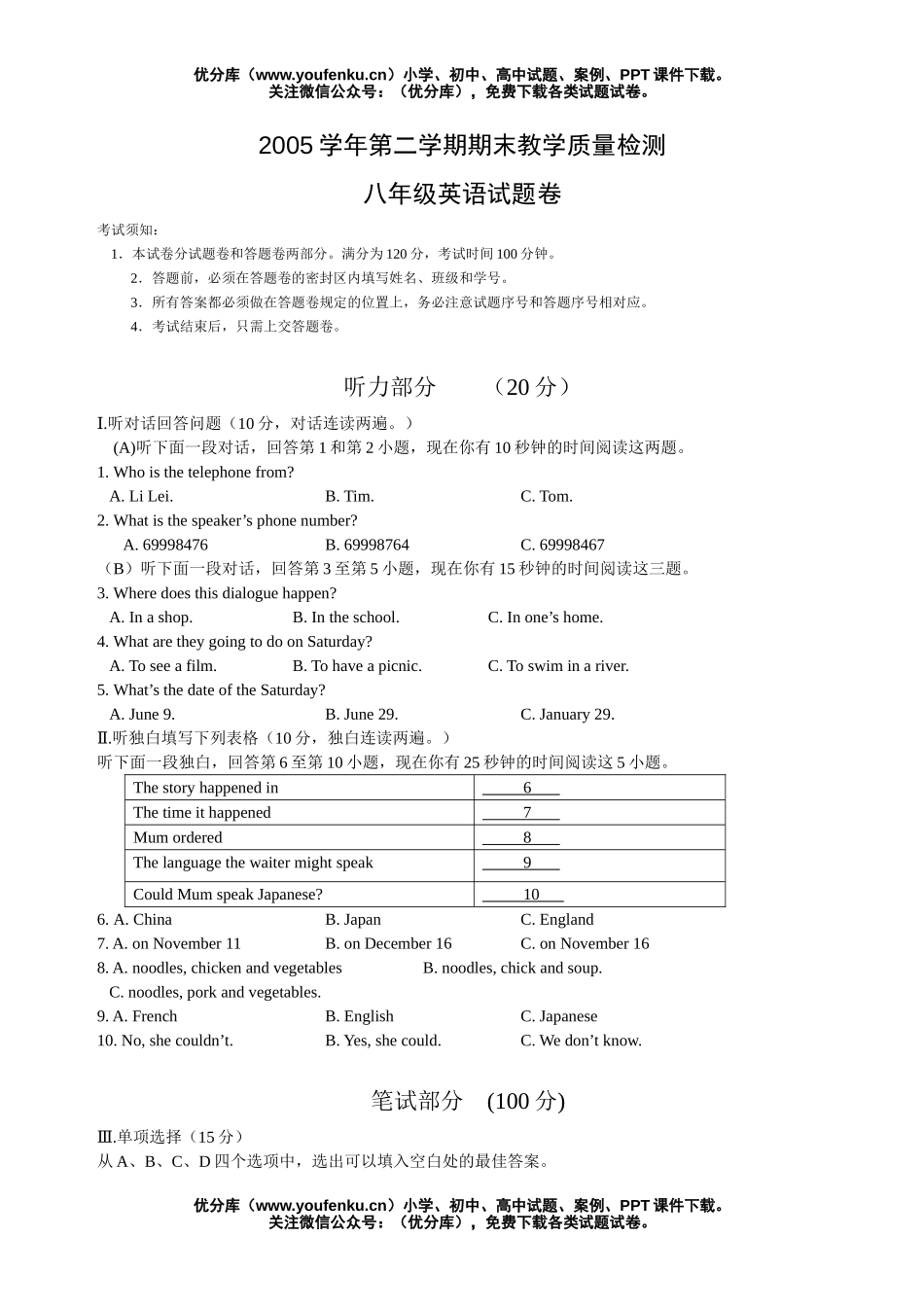 初中八年级英语下学期期末考试卷_第1页