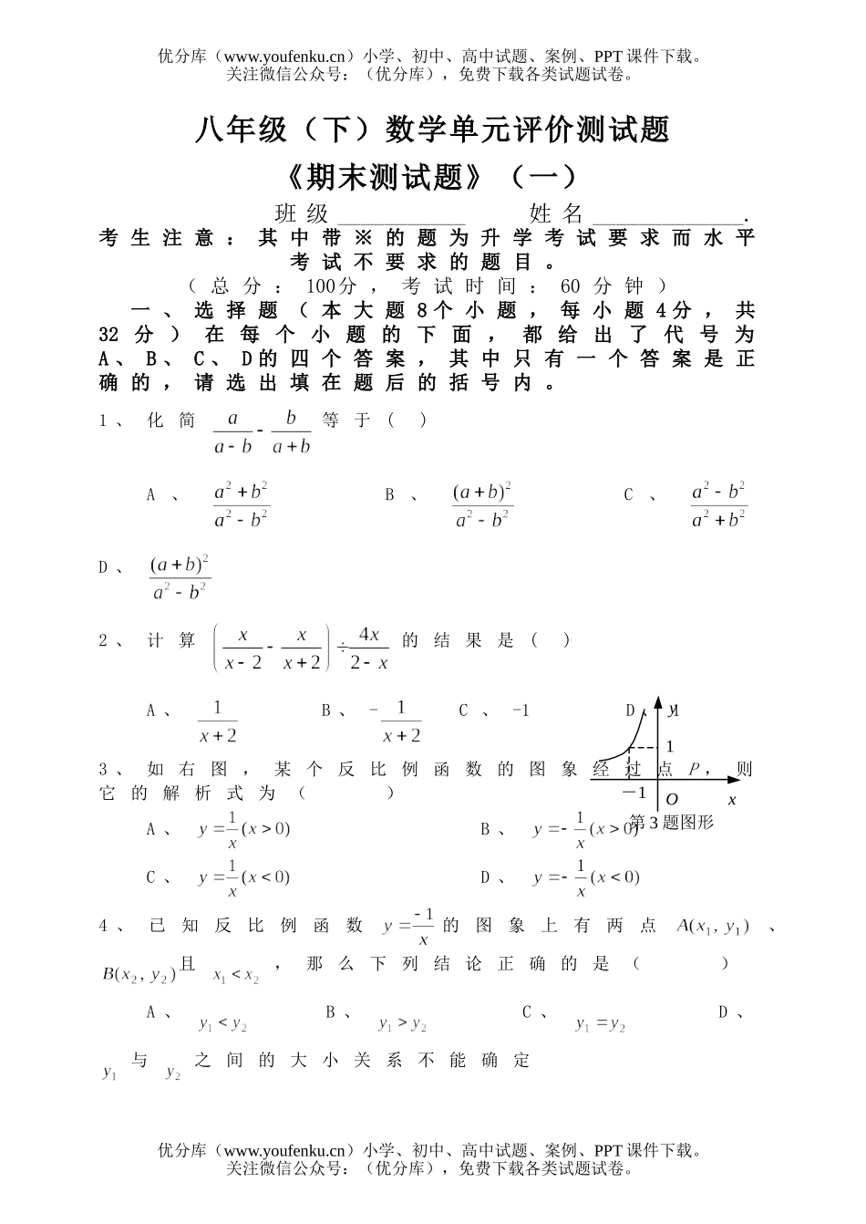 初中八年级数学(下)单元评价测试卷_第1页