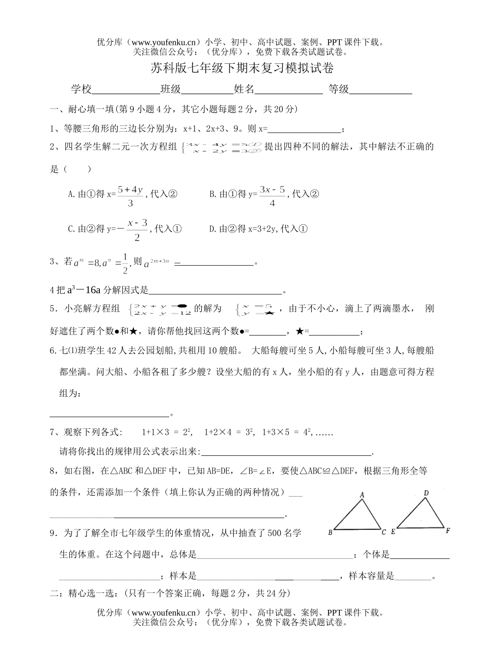 初中七年级数学下学期期末复习模拟试卷_第1页