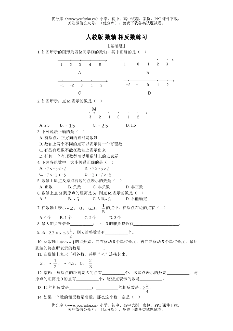 初中七年级数学数轴相反数练习试卷_第1页