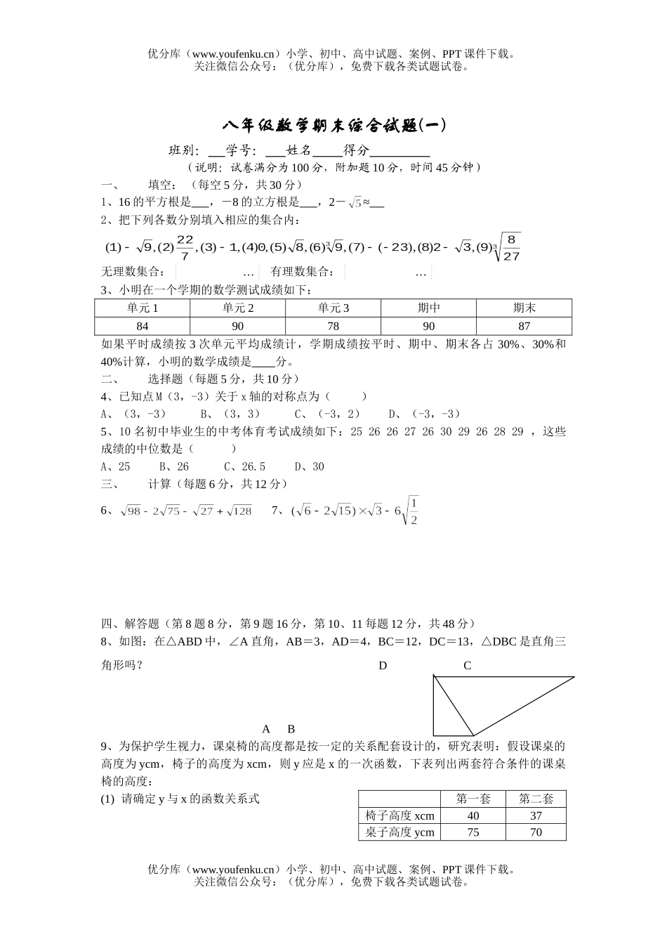 初中八年级数学期末综合(一)试卷_第1页