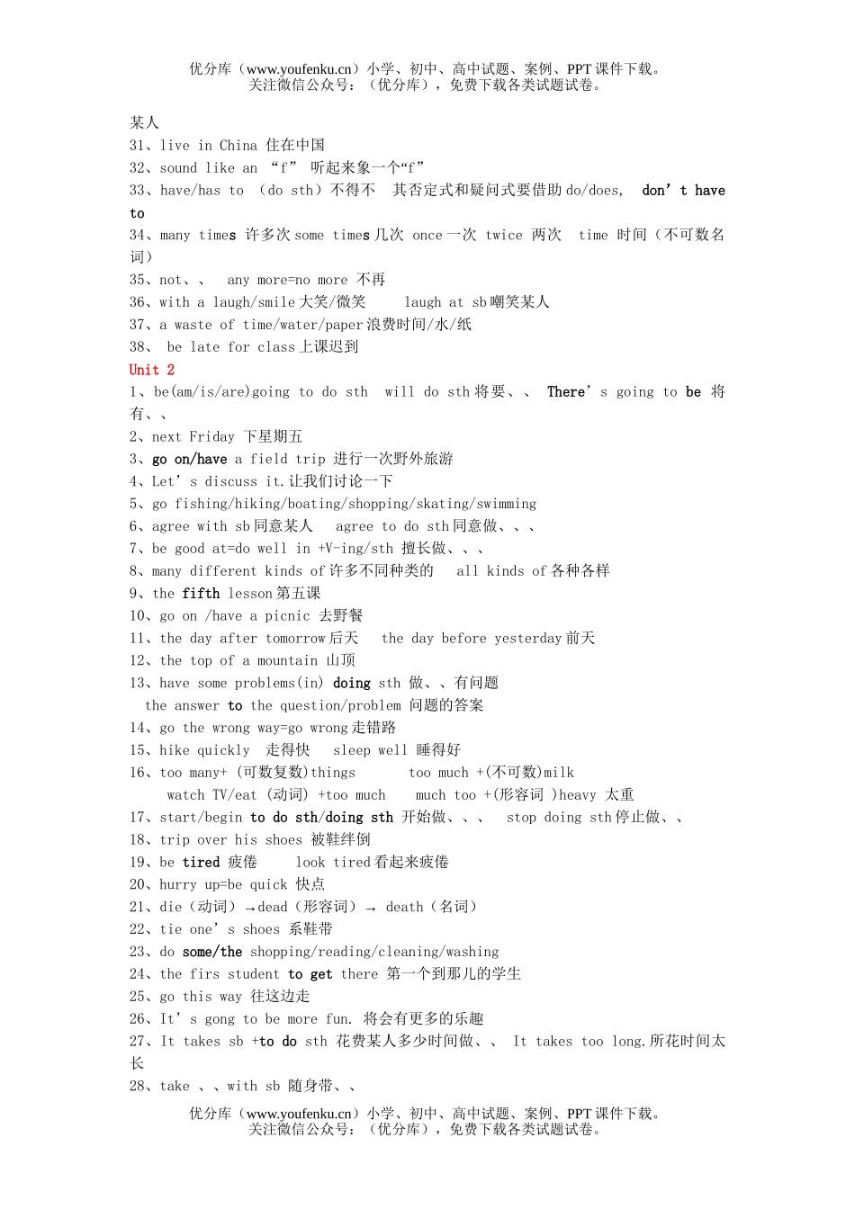 初中八年级英语上学期UINT 1-7词组试卷_第2页