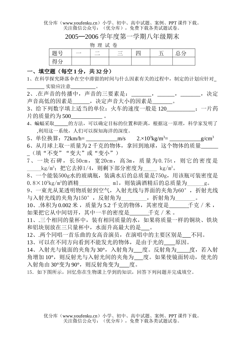 初中八年级物理八年上期末试卷_第1页