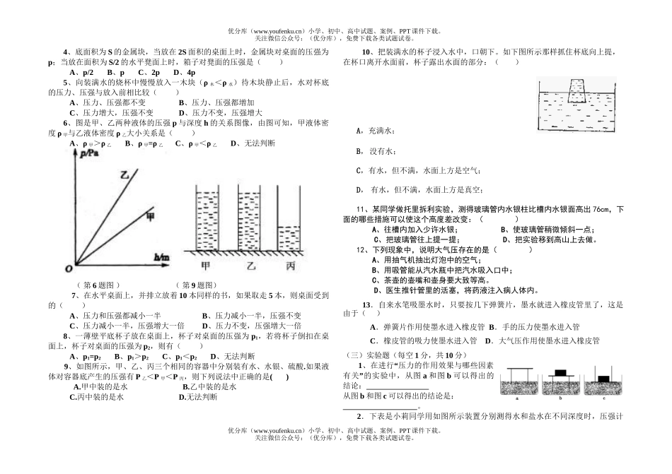 初中八年级物理《压强》测及答案试卷_第2页