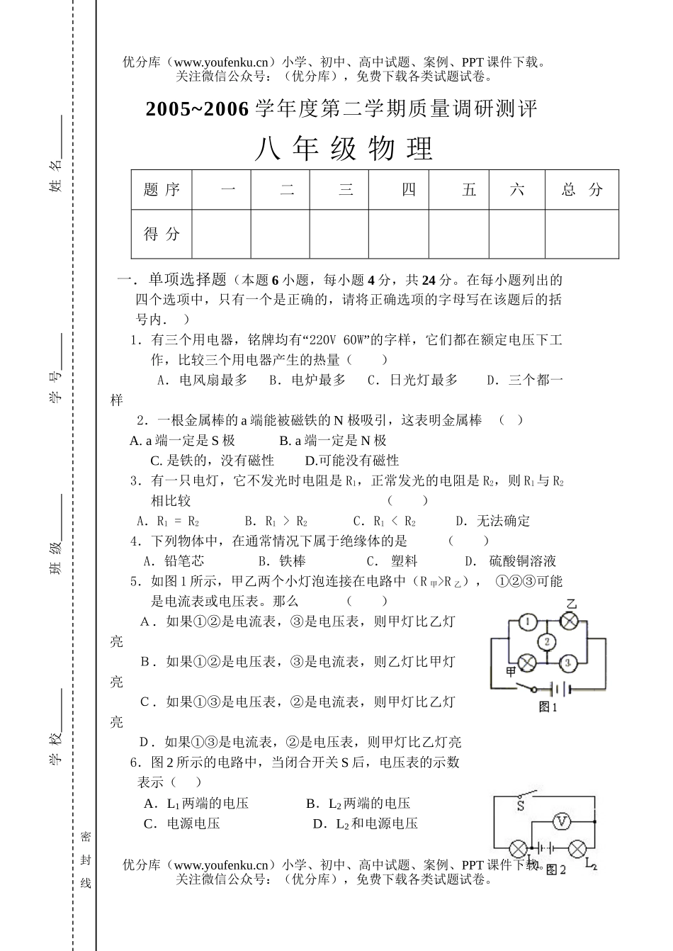 初中八年级物理第二学期质量调研测评试卷_第1页