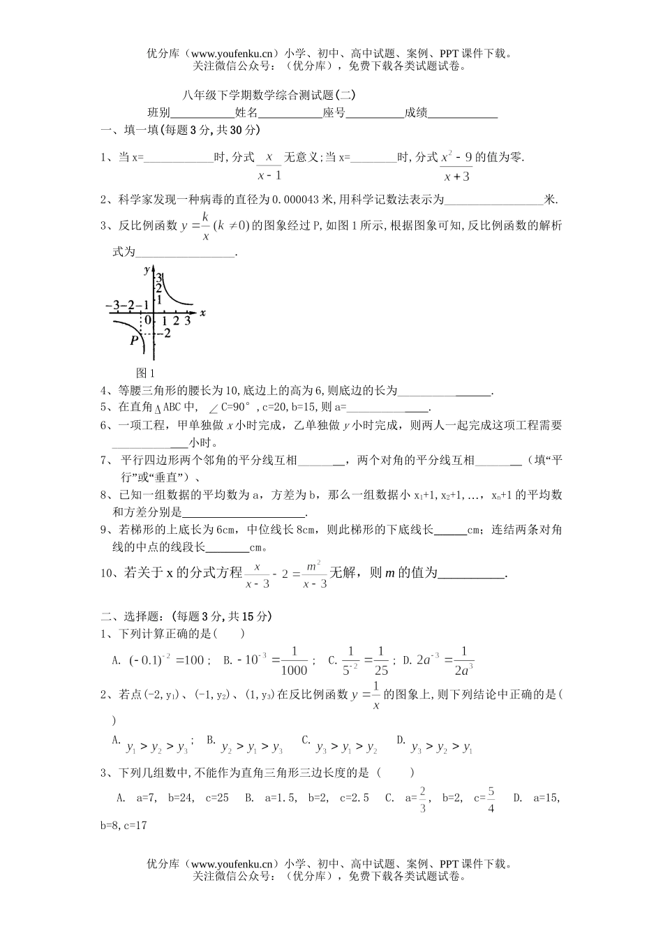 初中八年级数学下学期综合测(二)试卷_第1页