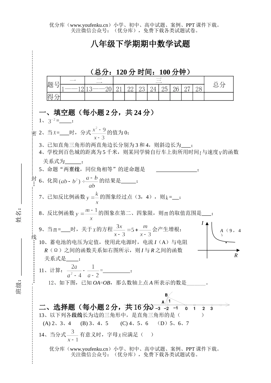 初中八年级数学下学期期中试卷_第1页