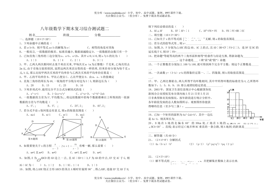 初中八年级数学下期末复习综合测二试卷_第1页