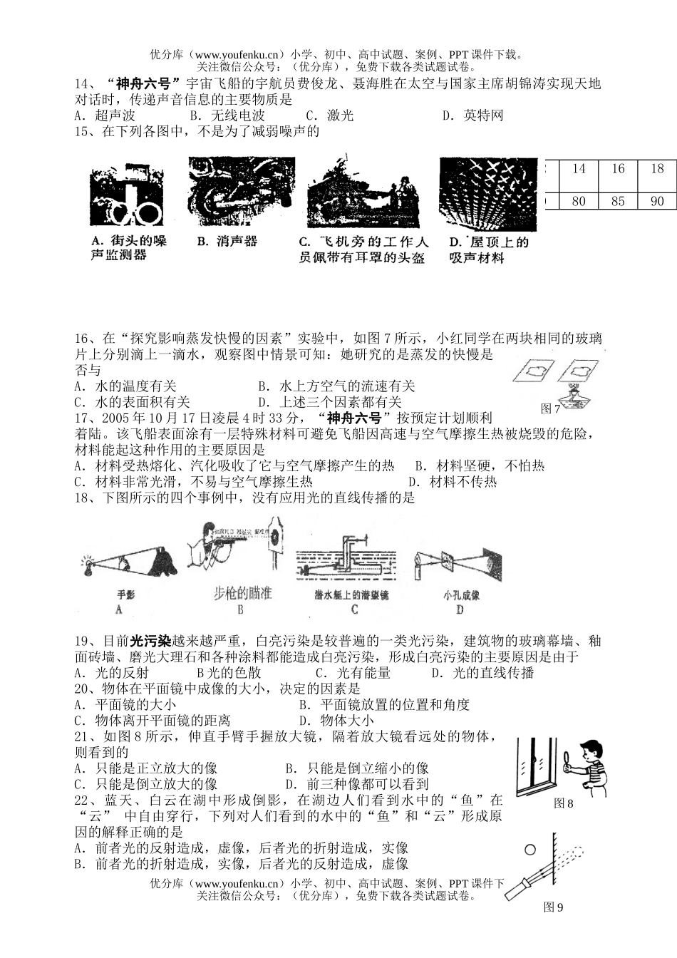 初中八年级物理第一学期第三阶段考试卷_第3页
