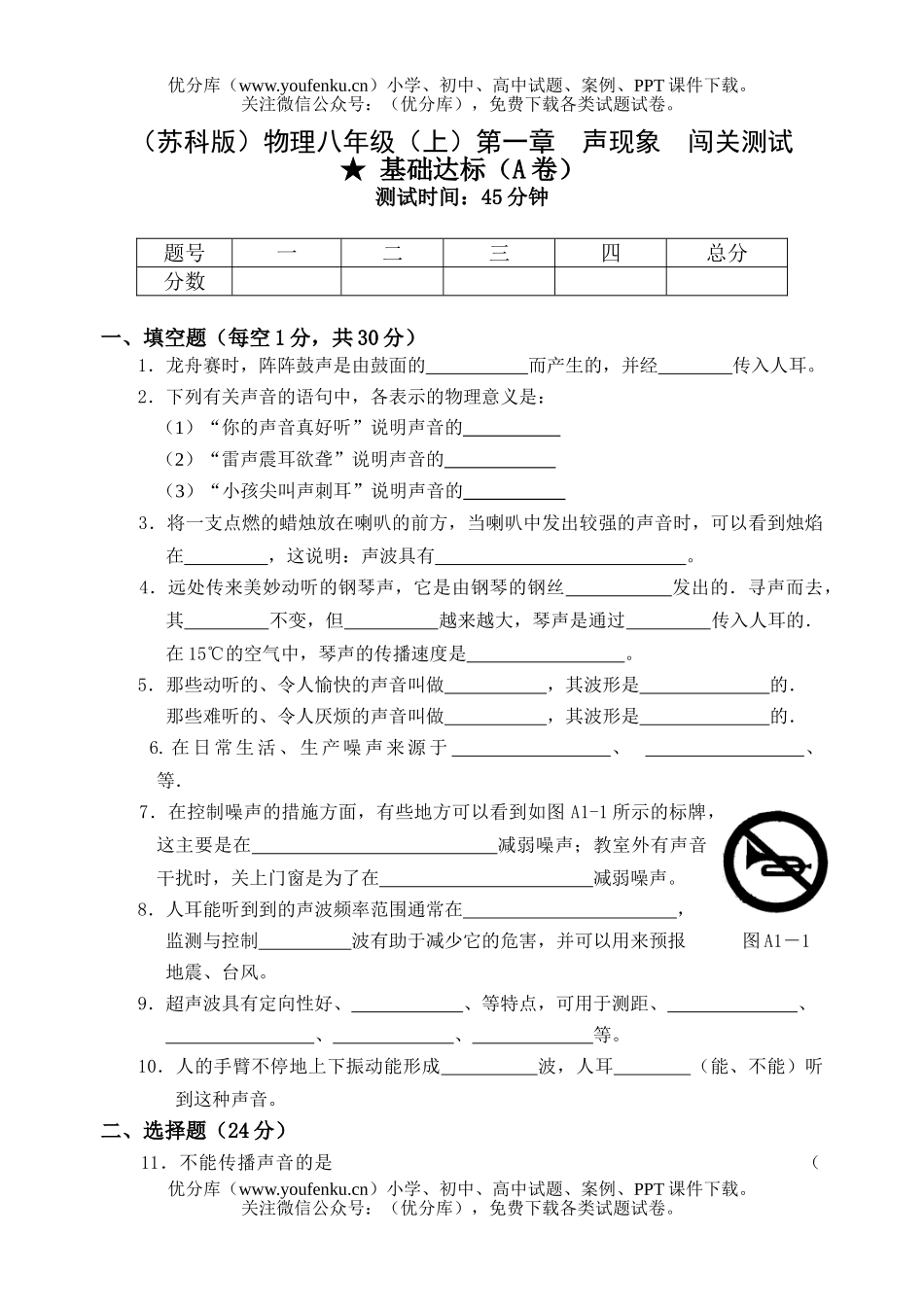 初中八年级物理(上)第一章  声现象  闯关测试卷_第1页