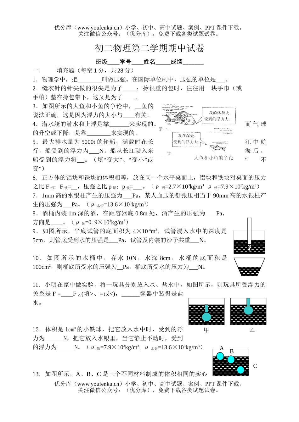 初中八年级物理第二学期期中试卷_第1页