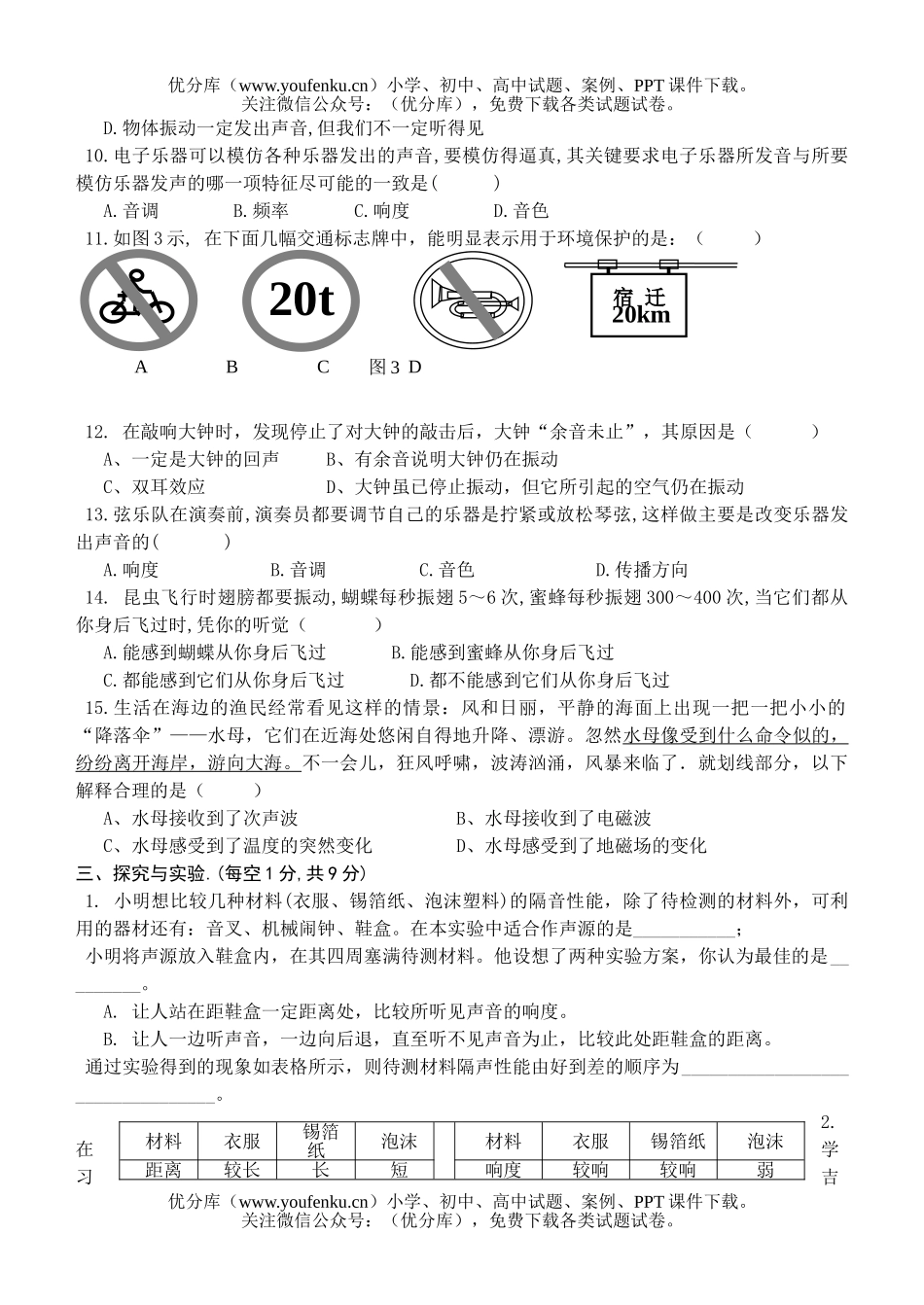 初中八年级物理声音的世界试卷_第3页