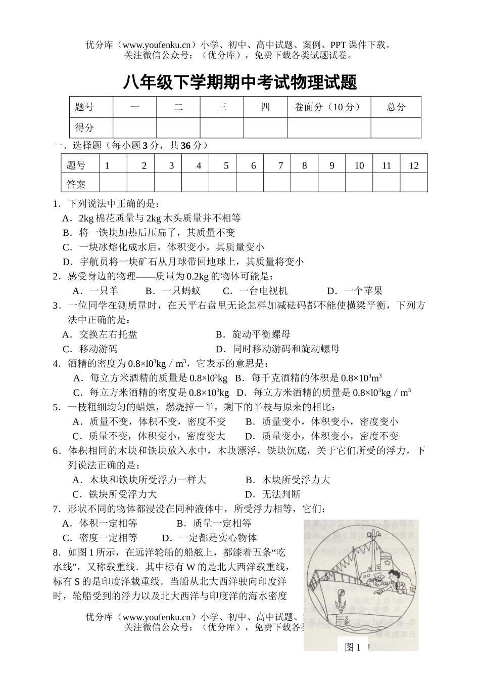 初中八年级物理下学期期中及答案试卷_第1页