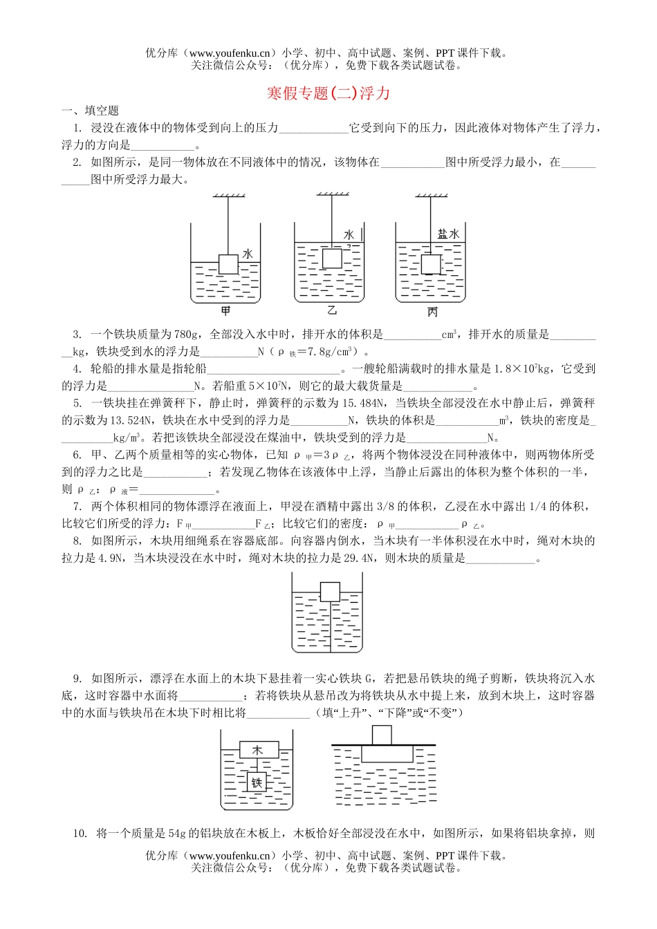 初中八年级物理浮力专题试卷_第1页