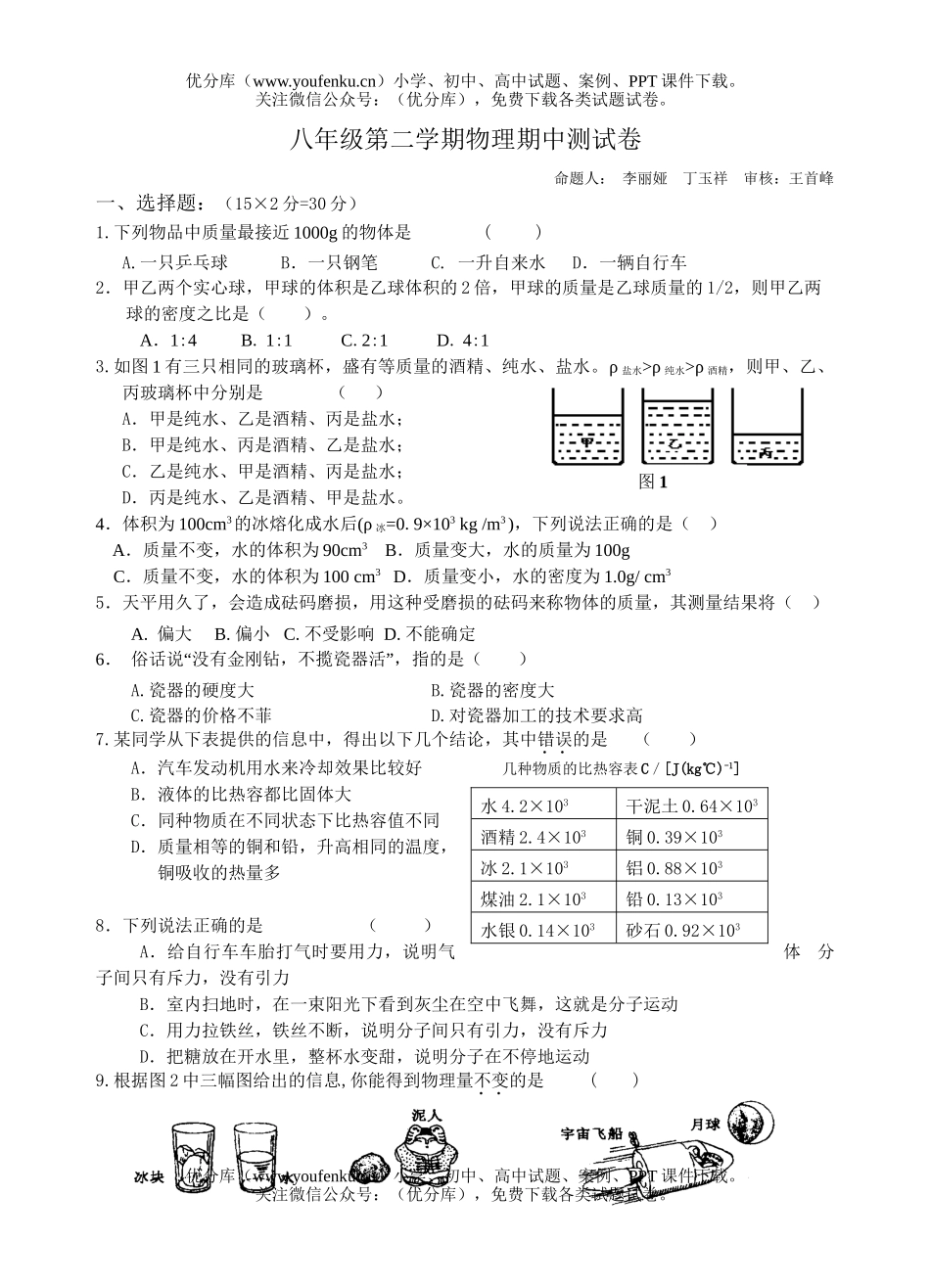 初中八年级物理第二学期期中测试卷_第1页