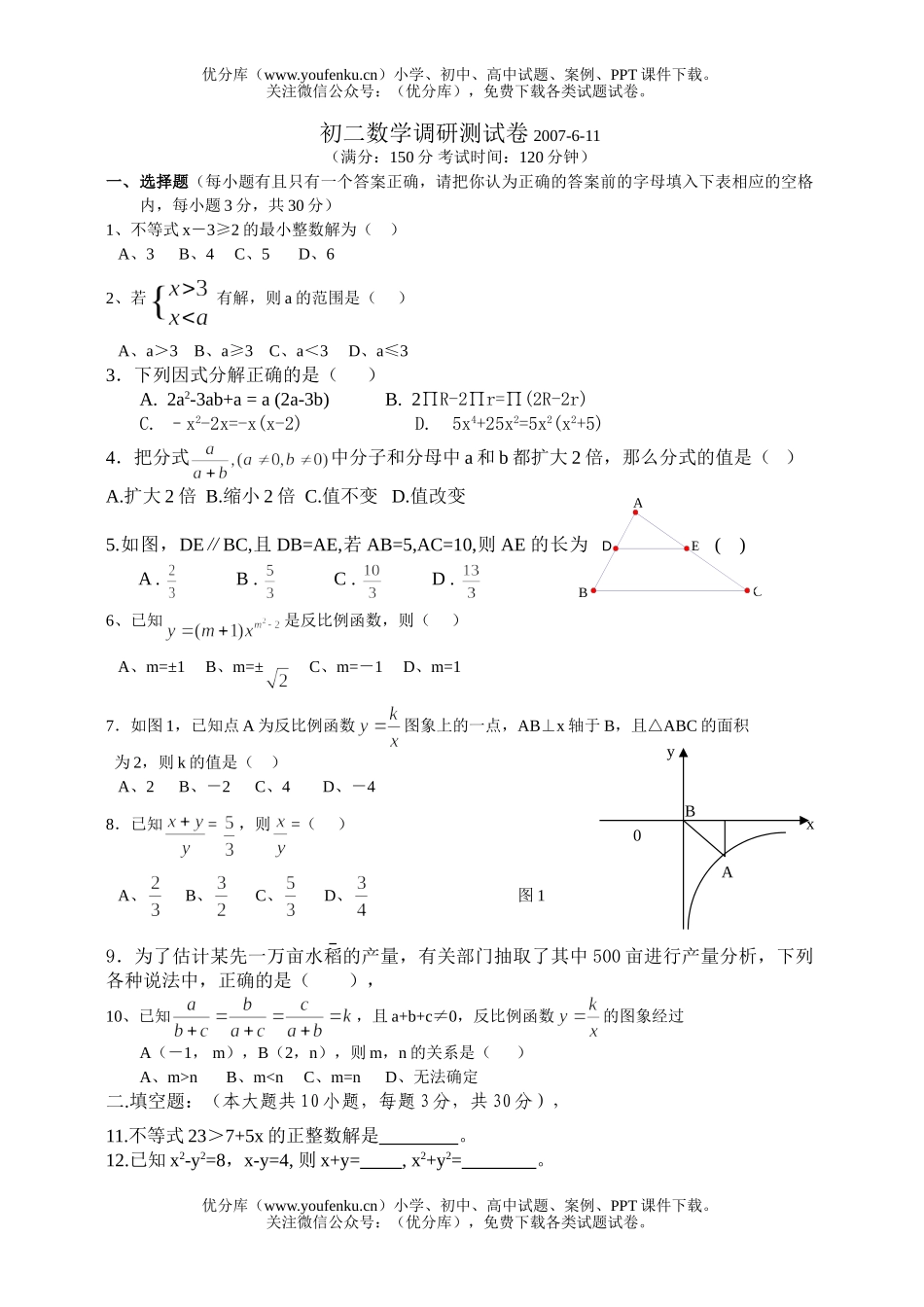初中八年级数学调研测试卷_第1页