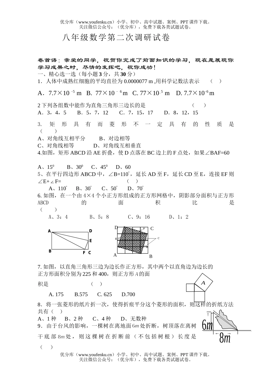 初中八年级数学第二次调研试卷_第1页